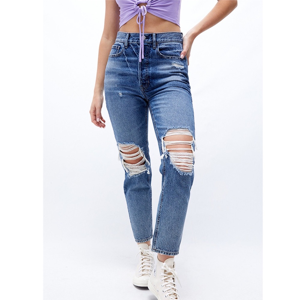 PacSun Eco Medium Blue Distressed Ultra High Waisted Slim Fit Jeans Denim New - Picture 1 of 6